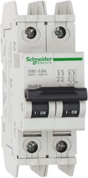Schneider Electric - 0.50 Amp, 125 VDC, 240 VAC, 60 VDC, 1 Pole, DIN Rail Mount, Fixed Mount Miniature Circuit Breaker - Thermal Magnetic Trip, Multiple Breaking Capacity Ratings, 73mm Deep x 107mm High x 36mm Wide - Exact Tool & Supply