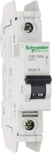Schneider Electric - 30 Amp, 125 VDC, 240 VAC, 60 VDC, 1 Pole, DIN Rail Mount, Fixed Mount Miniature Circuit Breaker - Thermal Magnetic Trip, Multiple Breaking Capacity Ratings, 73mm Deep x 107mm High x 18mm Wide - Exact Tool & Supply