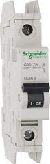 Schneider Electric - 7 Amp, 125 VDC, 240 VAC, 60 VDC, 1 Pole, DIN Rail Mount, Fixed Mount Miniature Circuit Breaker - Thermal Magnetic Trip, Multiple Breaking Capacity Ratings, 73mm Deep x 107mm High x 18mm Wide - Exact Tool & Supply