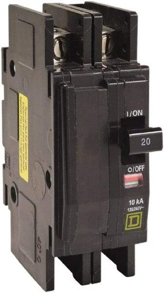 Square D - 25 Amp, 120/240 VAC, 2 Pole, DIN Rail Mounted, Flush Mount, Surface Mount Miniature Circuit Breaker - Thermal Magnetic Trip, 10 kA at 120/240 VAC Breaking Capacity, 14-2 (Aluminum), 14-2 (Copper) AWG, 74mm Deep x 103mm High x 19mm Wide - Exact Tool & Supply