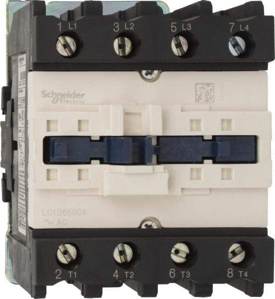 Schneider Electric - 4 Pole, 110 Coil VAC at 50/60 Hz, 80 Amp, Nonreversible IEC Contactor - 1 Phase hp: 10 at 230/240 VAC, 5 at 115 VAC, 3 Phase hp: 20 at 200/208 VAC, 20 at 230/240 VAC, 50 at 460/480 VAC, 50 at 575/600 VAC - Exact Tool & Supply