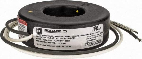 Square D - 200 Amp AC Input, 5 Amp AC Output, Panel Meter Current Transformer - Flying Lead Terminal, For Use with Ammeter, Solid State Transducer - Exact Tool & Supply