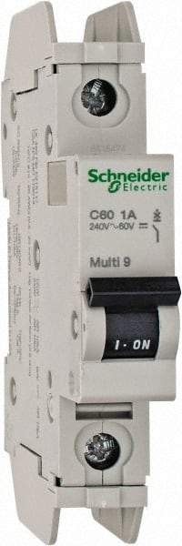 Schneider Electric - 1 Amp, 125 VDC, 240 VAC, 60 VDC, 1 Pole, DIN Rail Mount, Fixed Mount Miniature Circuit Breaker - Thermal Magnetic Trip, 10 kA at 277 VAC Breaking Capacity, 73mm Deep x 107mm High x 18mm Wide - Exact Tool & Supply