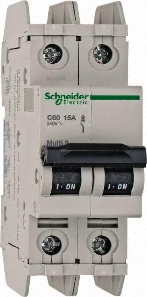 Schneider Electric - 15 Amp, 125 VDC, 240 VAC, 60 VDC, 1 Pole, DIN Rail Mount, Fixed Mount Miniature Circuit Breaker - Thermal Magnetic Trip, Multiple Breaking Capacity Ratings, 73mm Deep x 107mm High x 36mm Wide - Exact Tool & Supply
