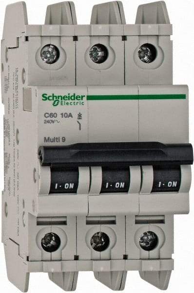 Schneider Electric - 10 Amp, 125 VDC, 240 VAC, 60 VDC, 3 Pole, DIN Rail Mount, Fixed Mount Miniature Circuit Breaker - Thermal Magnetic Trip, Multiple Breaking Capacity Ratings, 73mm Deep x 107mm High x 54mm Wide - Exact Tool & Supply