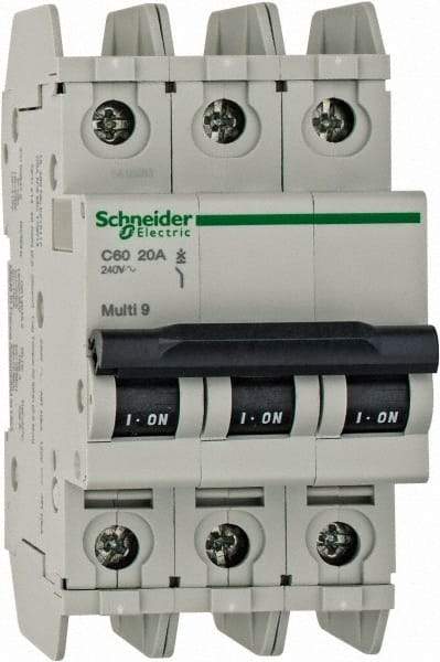 Schneider Electric - 20 Amp, 125 VDC, 240 VAC, 60 VDC, 3 Pole, DIN Rail Mount, Fixed Mount Miniature Circuit Breaker - Thermal Magnetic Trip, Multiple Breaking Capacity Ratings, 73mm Deep x 107mm High x 54mm Wide - Exact Tool & Supply