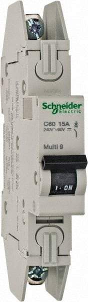Schneider Electric - 15 Amp, 120/240 VAC, 1 Pole, DIN Rail Mounted Miniature Circuit Breaker - Thermal Magnetic Trip, 10 kA at 240 VAC Breaking Capacity, 14-4 AWG, 73mm Deep x 123.4mm High x 18mm Wide - Exact Tool & Supply