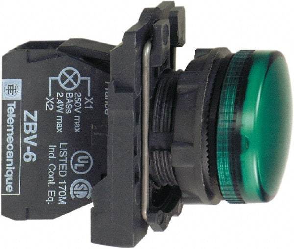 Schneider Electric - 230-240 VAC at 50/60 Hz Green Lens LED Pilot Light - Round Lens, Screw Clamp Connector, 30mm Wide, Vibration Resistant, Water Resistant - Exact Tool & Supply