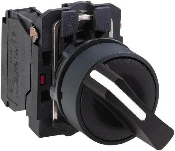 Schneider Electric - 22mm Mount Hole, 3 Position, Handle Operated, Selector Switch with Contact Blocks - Black, Momentary (MO), 2NO, Shock, Vibration and Water Resistant - Exact Tool & Supply