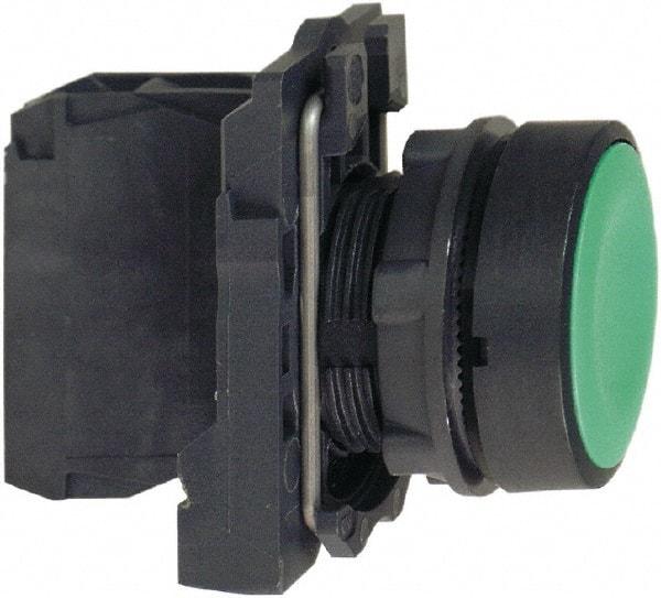 Schneider Electric - 22mm Mount Hole, Flush, Pushbutton Switch with Contact Block - Round, Green Pushbutton, Momentary (MO) - Exact Tool & Supply