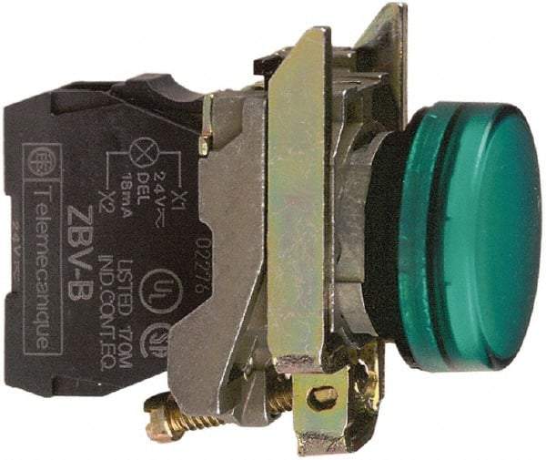 Schneider Electric - 250 V Green Lens Pilot Light - Round Lens, Screw Clamp Connector, 30mm Wide, Vibration Resistant, Water Resistant - Exact Tool & Supply