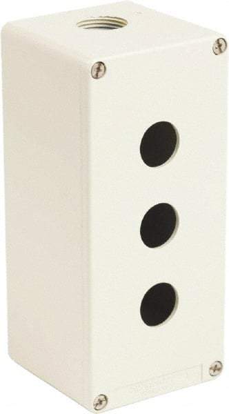 Schneider Electric - 3 Hole, 1.58 Inch Hole Diameter, Zinc Alloy Pushbutton Switch Enclosure - 6.9 Inch High x 3.15 Inch Wide x 3.03 Inch Deep, 4, 13 NEMA Rated - Exact Tool & Supply