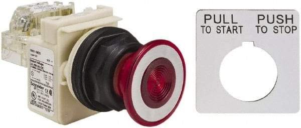 Schneider Electric - 30mm Mount Hole, Extended Straight, Pushbutton Switch with Contact Block - Red Pushbutton, Maintained (MA) - Exact Tool & Supply