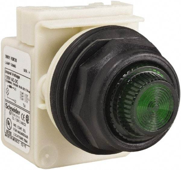 Schneider Electric - 120 V Green Lens Indicating Light - Round Lens, Screw Clamp Connector, Corrosion Resistant, Dust Resistant, Oil Resistant - Exact Tool & Supply