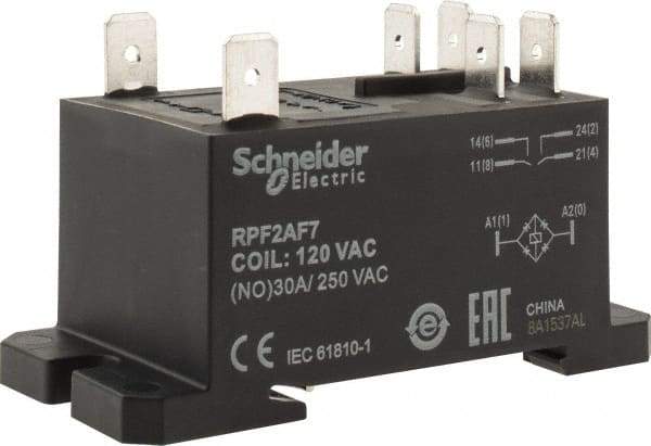 Schneider Electric - 7,500 VA Power Rating, Electromechanical Plug-in General Purpose Relay - 20 Amp at 28 VDC, 25 at 28 VDC, 30 at 250/277 VAC, 2NO, 120 VAC - Exact Tool & Supply
