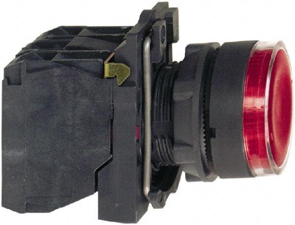 Schneider Electric - 22mm Mount Hole, Flush, Pushbutton Switch with Contact Block - Round, Red Pushbutton, Illuminated, Momentary (MO) - Exact Tool & Supply