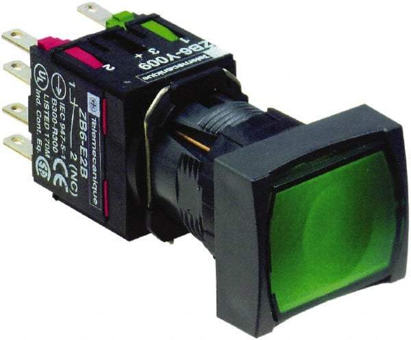 Schneider Electric - 16mm Mount Hole, Flush, Pushbutton Switch with Contact Block - Rectangle, Green Pushbutton, Illuminated, Momentary (MO) - Exact Tool & Supply