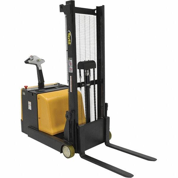 Vestil - 1,100 Lb Capacity, 62" Lift Height, Battery Powered Stacker - 1-3/16" Lowered Height, 30" Fork Length, 32" Overall Width - Exact Tool & Supply