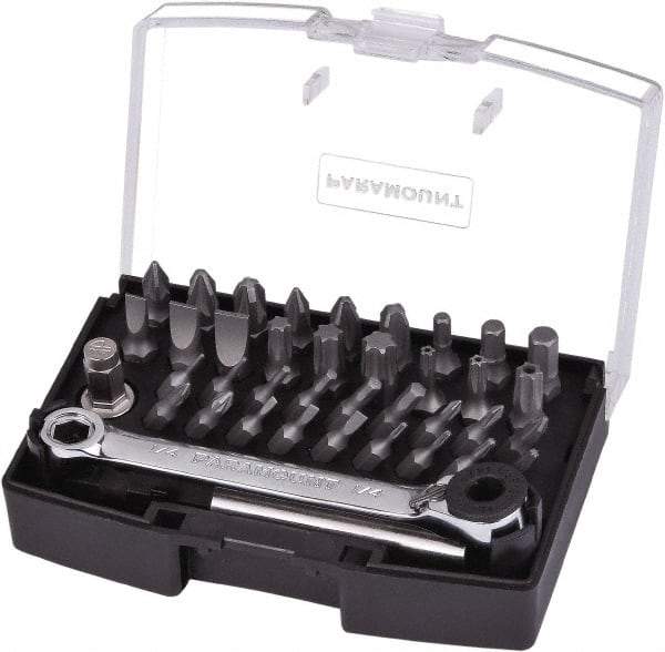 Paramount - 39 Piece, Screwdriver Bit Set - #000 to #3 Phillips, 0.7 to 5mm Hex, T4 to T40 & IP10 to IP27 Torx, #0 to #3 Pozidriv - Exact Tool & Supply
