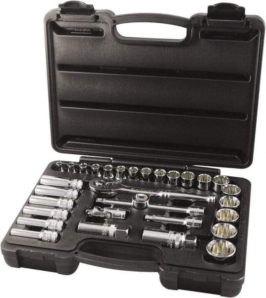 Paramount - 31 Piece 3/8" Drive Chrome Finish Socket Set - 12 Points, 1/4" to 1" Range, Inch Measurement Standard - Exact Tool & Supply