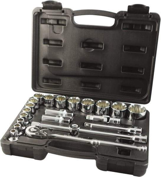 Paramount - 22 Piece 1/2" Drive Chrome Finish Socket Set - 12 Points, 5/16" to 1-1/4" Range, Inch Measurement Standard - Exact Tool & Supply