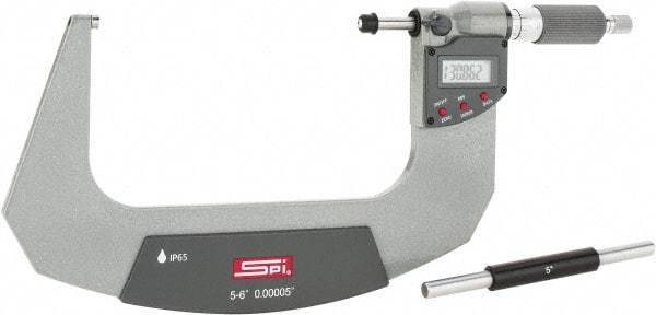 SPI - 5 to 6" Range, 0.00005" Resolution, Double Ratchet IP65 Electronic Outside Micrometer - 0.0002" Accuracy, Ratchet-Friction Thimble, Carbide Face, CR2032 Battery, Includes NIST Traceable Certification of Inspection - Exact Tool & Supply