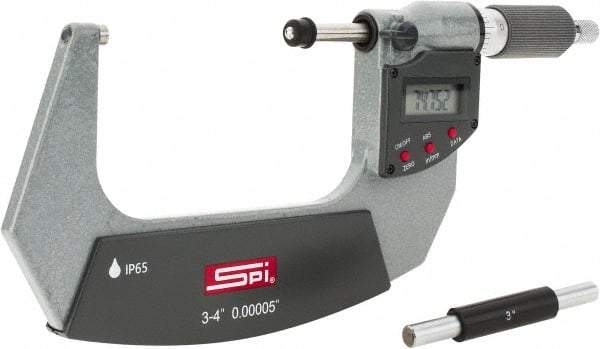 SPI - 3 to 4" Range, 0.00005" Resolution, Double Ratchet IP65 Electronic Outside Micrometer - 0.0002" Accuracy, Ratchet-Friction Thimble, Carbide Face, CR2032 Battery, Includes NIST Traceable Certification of Inspection - Exact Tool & Supply