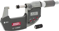 SPI - 1 to 2" Range, 0.00005" Resolution, Double Ratchet IP65 Electronic Outside Micrometer - 0.0002" Accuracy, Ratchet-Friction Thimble, Carbide Face, CR2032 Battery, Includes NIST Traceable Certification of Inspection - Exact Tool & Supply