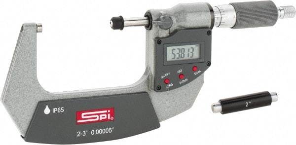 SPI - 2 to 3" Range, 0.00005" Resolution, Double Ratchet IP65 Electronic Outside Micrometer - 0.0002" Accuracy, Ratchet-Friction Thimble, Carbide Face, CR2032 Battery, Includes NIST Traceable Certification of Inspection - Exact Tool & Supply