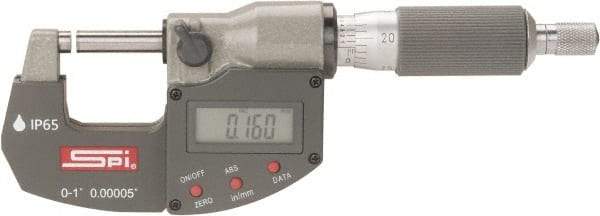 SPI - 0 to 1" Range, 0.00005" Resolution, Double Ratchet IP65 Electronic Outside Micrometer - 0.0001" Accuracy, Ratchet-Friction Thimble, Carbide Face, CR2032 Battery, Includes NIST Traceable Certification of Inspection - Exact Tool & Supply