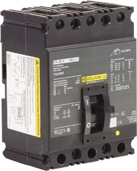 Square D - 45 Amp, 250 VDC, 480 VAC, 3 Pole, Panel Mount Molded Case Circuit Breaker - Thermal Magnetic Trip, 18 kA at 480/600 VAC Breaking Capacity, 12-1/0 (Aluminum), 14-1/0 (Copper) AWG, 4.13 Inch Deep x 6 Inch High x 4-1/2 Inch Long - Exact Tool & Supply