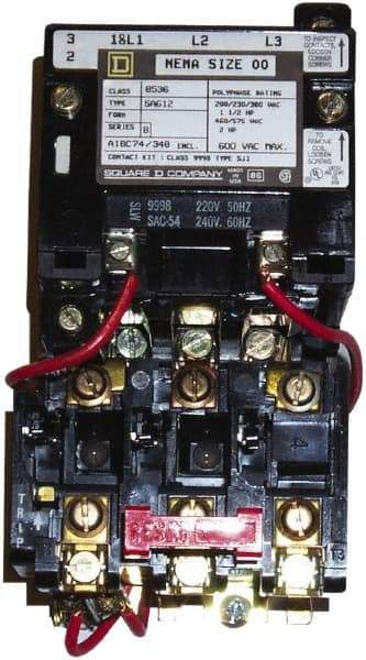 Square D - 440 Coil VAC at 50 Hz, 480 Coil VAC at 60 Hz, 9 Amp, Nonreversible Open Enclosure NEMA Motor Starter - 3 Phase hp: 1-1/2 at 200 VAC, 1-1/2 at 230 VAC, 2 at 460 VAC, 2 at 575 VAC - Exact Tool & Supply