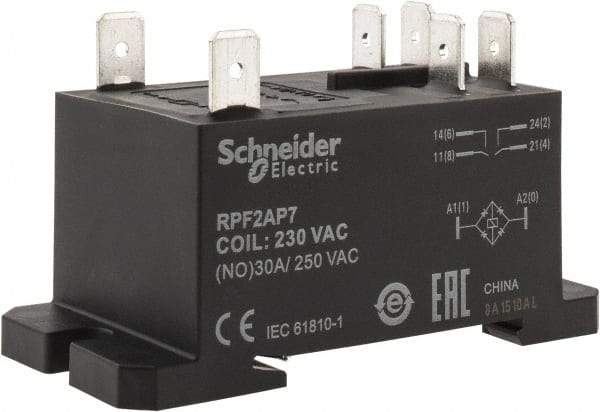 Schneider Electric - 7,500 VA Power Rating, Electromechanical Plug-in General Purpose Relay - 20 Amp at 28 VDC, 25 at 28 VDC, 30 at 250/277 VAC, 2NO, 230 VAC - Exact Tool & Supply