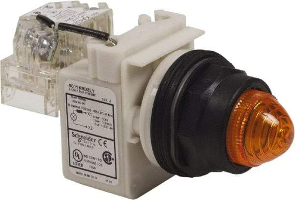 Schneider Electric - 120 V Amber Lens LED Pilot Light - Round Lens, Screw Clamp Connector, 54mm OAL x 42mm Wide, Vibration Resistant - Exact Tool & Supply