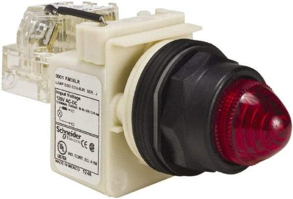Schneider Electric - 120 V Red Lens LED Press-to-Test Indicating Light - Round Lens, Screw Clamp Connector, Corrosion Resistant, Dust Resistant, Oil Resistant - Exact Tool & Supply