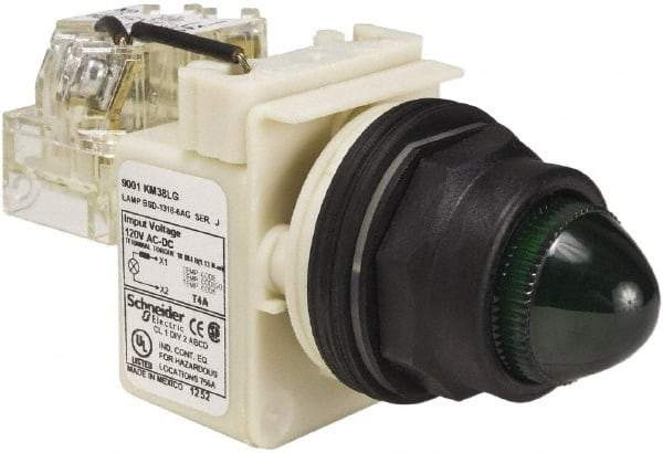 Schneider Electric - 120 V Green Lens LED Press-to-Test Indicating Light - Round Lens, Screw Clamp Connector, Corrosion Resistant, Dust Resistant, Oil Resistant - Exact Tool & Supply
