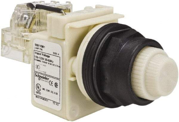 Schneider Electric - 110 VAC at 50/60 Hz via Transformer, 120 VAC at 50/60 Hz via Transformer White Lens Press-to-Test Indicating Light - Round Lens, Screw Clamp Connector, Corrosion Resistant, Dust Resistant, Oil Resistant - Exact Tool & Supply