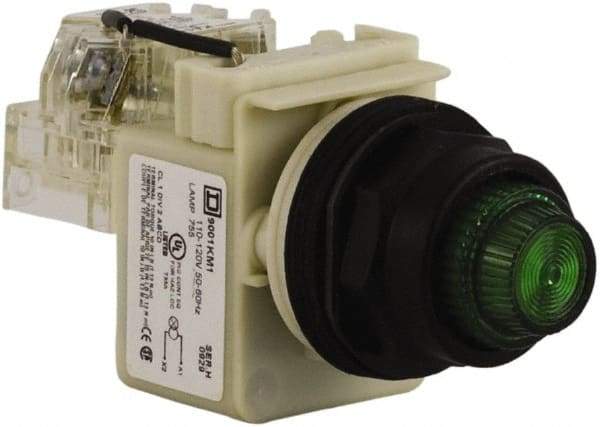 Schneider Electric - 110 VAC at 50/60 Hz via Transformer, 120 VAC at 50/60 Hz via Transformer Green Lens Press-to-Test Indicating Light - Round Lens, Screw Clamp Connector, Corrosion Resistant, Dust Resistant, Oil Resistant - Exact Tool & Supply
