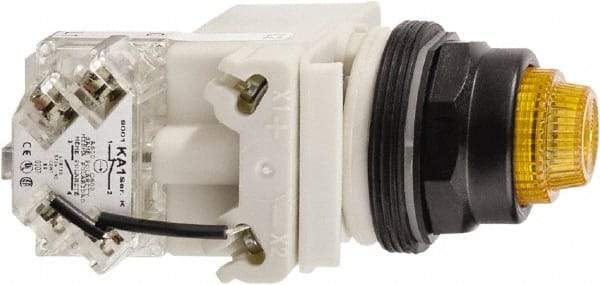 Schneider Electric - 110 VAC at 50/60 Hz via Transformer, 120 VAC at 50/60 Hz via Transformer Amber Lens Press-to-Test Indicating Light - Round Lens, Screw Clamp Connector, Corrosion Resistant, Dust Resistant, Oil Resistant - Exact Tool & Supply