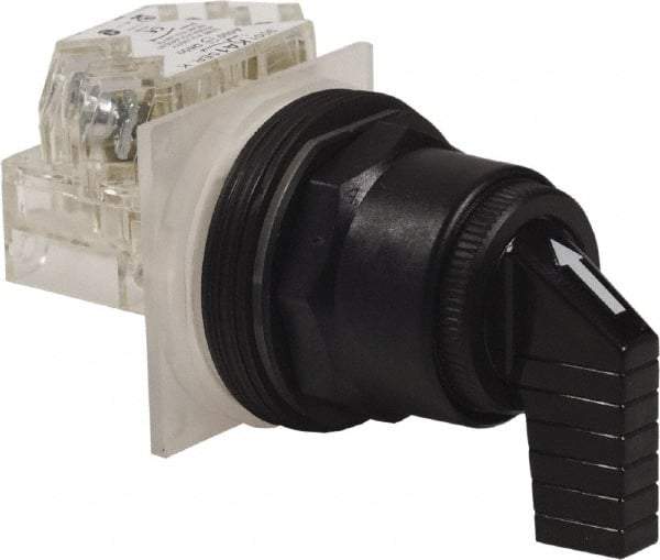 Schneider Electric - 1.18 Inch Mount Hole, 3 Position, Knob and Pushbutton Operated, Selector Switch - Black, Momentary (MO), Anticorrosive, Weatherproof, Dust and Oil Resistant - Exact Tool & Supply