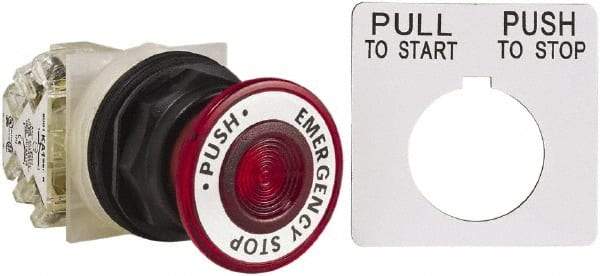Schneider Electric - 30mm Mount Hole, Extended Straight, Pushbutton Switch with Contact Block - Red Pushbutton, Maintained (MA) - Exact Tool & Supply