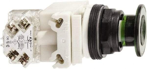 Schneider Electric - 30mm Mount Hole, Extended Straight, Pushbutton Switch with Contact Block - Green Pushbutton, Maintained (MA) - Exact Tool & Supply