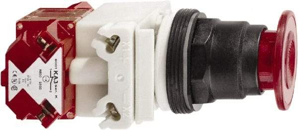 Schneider Electric - 30mm Mount Hole, Extended Straight, Pushbutton Switch with Contact Block - Red Pushbutton, Maintained (MA), Momentary (MO) - Exact Tool & Supply