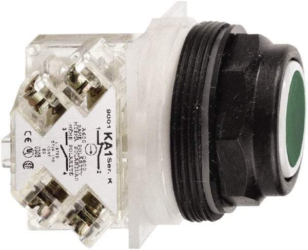 Schneider Electric - 30mm Mount Hole, Flush, Pushbutton Switch with Contact Block - Octagon, Green Pushbutton, Momentary (MO) - Exact Tool & Supply