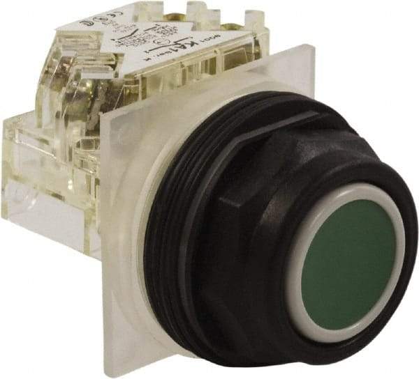 Schneider Electric - 30mm Mount Hole, Flush, Pushbutton Switch with Contact Block - Octagon, Green Pushbutton, Momentary (MO) - Exact Tool & Supply