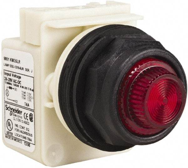 Schneider Electric - 24 V, 28 V Red Lens LED Indicating Light - Round Lens, Screw Clamp Connector, Corrosion Resistant, Dust Resistant, Oil Resistant - Exact Tool & Supply