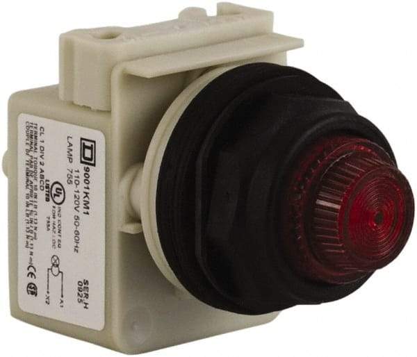 Schneider Electric - 110 VAC at 50/60 Hz via Transformer, 120 VAC at 50/60 Hz via Transformer Red Lens Indicating Light - Round Lens, Screw Clamp Connector, Corrosion Resistant, Dust Resistant, Oil Resistant - Exact Tool & Supply