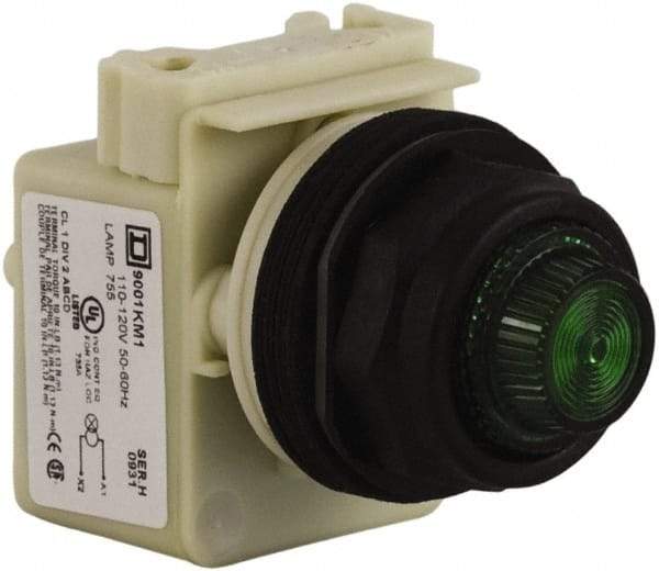 Schneider Electric - 110 VAC at 50/60 Hz via Transformer, 120 VAC at 50/60 Hz via Transformer Green Lens Indicating Light - Round Lens, Screw Clamp Connector, Corrosion Resistant, Dust Resistant, Oil Resistant - Exact Tool & Supply