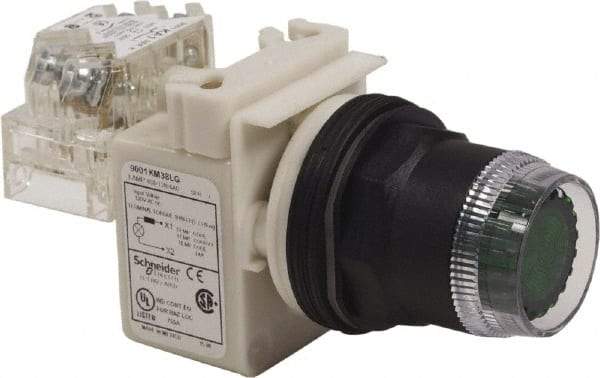 Schneider Electric - 30mm Mount Hole, Extended Straight, Pushbutton Switch with Contact Block - Green Pushbutton, Momentary (MO) - Exact Tool & Supply