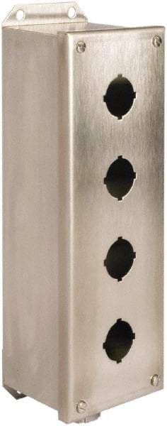Schneider Electric - 4 Hole, 30mm Hole Diameter, Stainless Steel Pushbutton Switch Enclosure - 1, 3, 4, 12, 4X NEMA Rated - Exact Tool & Supply